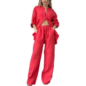 imagechouyatou Womens Cotton Linen 2 Piece Outfits Rolled Up Sleeve Button Down Shirt and Wide leg Pants SetRed
