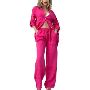 imagechouyatou Womens Cotton Linen 2 Piece Outfits Rolled Up Sleeve Button Down Shirt and Wide leg Pants SetRose Red