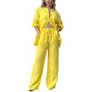 imagechouyatou Womens Cotton Linen 2 Piece Outfits Rolled Up Sleeve Button Down Shirt and Wide leg Pants SetYellow