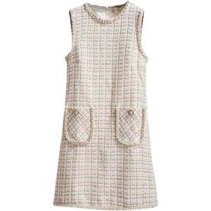imagechouyatou Womens Elegant A Line Tweed Pinafore Dress Sleeveless Plaid Midi Short Overall Vest DressApricot