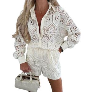 imagechouyatou Womens Lace Eyelet 2 Piece Outfit Crochet Button Down Shirt Top Wide Leg Shorts Matching SetBeige White