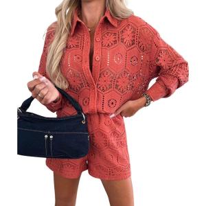 imagechouyatou Womens Lace Eyelet 2 Piece Outfit Crochet Button Down Shirt Top Wide Leg Shorts Matching SetRed