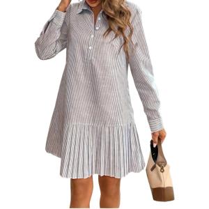 imagechouyatou Womens Long Sleeve Lapel Striped Polo Shirt Dress Pleated Long Midi Short Cotton Skater DressBlack