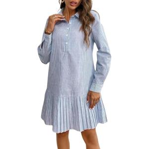 imagechouyatou Womens Long Sleeve Lapel Striped Polo Shirt Dress Pleated Long Midi Short Cotton Skater DressDark Blue
