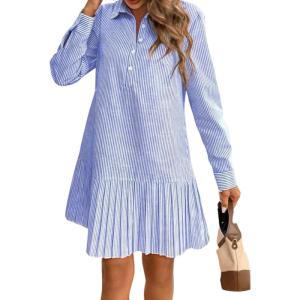 imagechouyatou Womens Long Sleeve Lapel Striped Polo Shirt Dress Pleated Long Midi Short Cotton Skater DressLight Blue