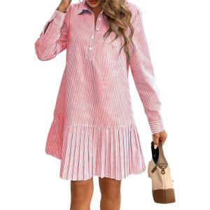 imagechouyatou Womens Long Sleeve Lapel Striped Polo Shirt Dress Pleated Long Midi Short Cotton Skater DressRed