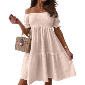imagechouyatou Womens Off The Shoulder Smocked Mini Dress Puff Sleeve Ruffle Tiered Party Short DressBeige