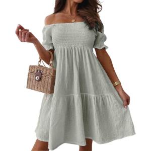 imagechouyatou Womens Off The Shoulder Smocked Mini Dress Puff Sleeve Ruffle Tiered Party Short DressGreen