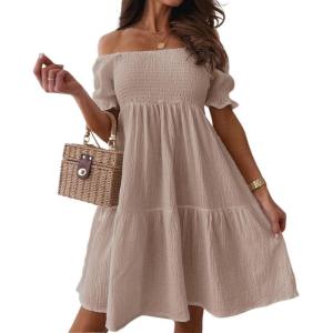 imagechouyatou Womens Off The Shoulder Smocked Mini Dress Puff Sleeve Ruffle Tiered Party Short DressKhaki