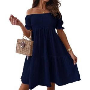 imagechouyatou Womens Off The Shoulder Smocked Mini Dress Puff Sleeve Ruffle Tiered Party Short DressNavy Blue
