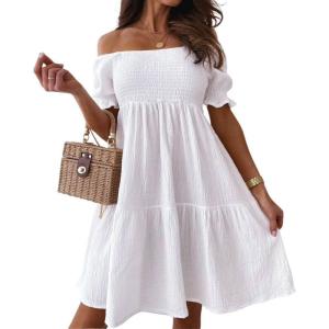 imagechouyatou Womens Off The Shoulder Smocked Mini Dress Puff Sleeve Ruffle Tiered Party Short DressWhite