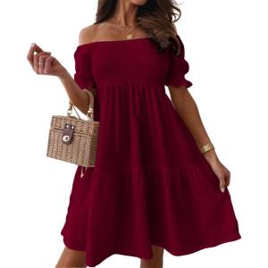 imagechouyatou Womens Off The Shoulder Smocked Mini Dress Puff Sleeve Ruffle Tiered Party Short DressWine Red