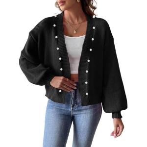 imagechouyatou Womens Open Front Peal Trim Beading Cardigans Elegant Long Sleeve Oversized Short Cardigan SweaterBlack