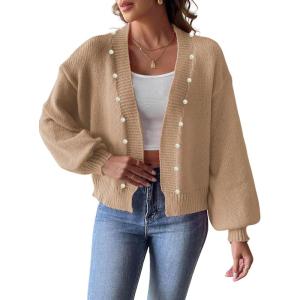 imagechouyatou Womens Open Front Peal Trim Beading Cardigans Elegant Long Sleeve Oversized Short Cardigan SweaterKhaki