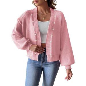 imagechouyatou Womens Open Front Peal Trim Beading Cardigans Elegant Long Sleeve Oversized Short Cardigan SweaterPink