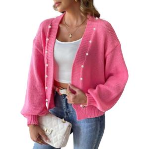 imagechouyatou Womens Open Front Peal Trim Beading Cardigans Elegant Long Sleeve Oversized Short Cardigan SweaterRose Red