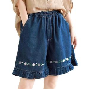 imagechouyatou Womens Ruffle Hem Denim Shorts Flower Embroidery Elastic Waist Wide Leg Jean Shorts with PocketsDark Blue