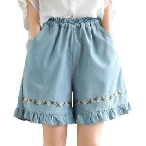 imagechouyatou Womens Ruffle Hem Denim Shorts Flower Embroidery Elastic Waist Wide Leg Jean Shorts with PocketsLight Blue