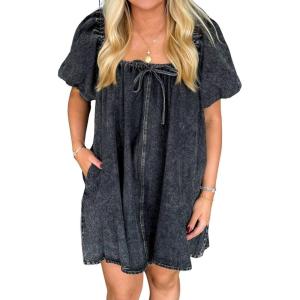 imagechouyatou Womens Summer Denim Babydoll Mini Dress Y2k Puff Sleeve Swing Jean Short Dress with PocketsBlack