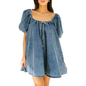 imagechouyatou Womens Summer Denim Babydoll Mini Dress Y2k Puff Sleeve Swing Jean Short Dress with PocketsBlue