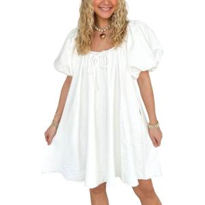 imagechouyatou Womens Summer Denim Babydoll Mini Dress Y2k Puff Sleeve Swing Jean Short Dress with PocketsWhite