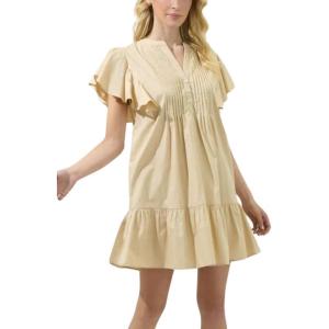 imagechouyatou Womens Summer Pleated Front Mini Shirt Dress Flutter Sleeve VNeck Flounce Short Tunic DressApricot