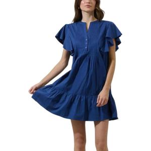 imagechouyatou Womens Summer Pleated Front Mini Shirt Dress Flutter Sleeve VNeck Flounce Short Tunic DressBlue