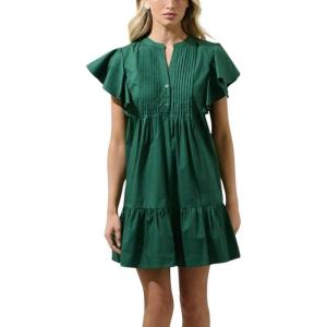 imagechouyatou Womens Summer Pleated Front Mini Shirt Dress Flutter Sleeve VNeck Flounce Short Tunic DressDark Green