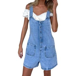 imagechouyatou Womens Suspender Strap Wide Leg Bib Denim Overalls Distressed Loose Romper Cute Baggy Overall ShortsBlue