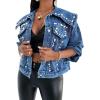 imagechoutyatou Womens Cute Big Lapel Collar Trendy Pearl Studded Short Denim JacketDark Blue