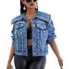imagechoutyatou Womens Cute Big Lapel Collar Trendy Pearl Studded Short Denim JacketDark Blue