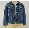 imagechoutyatou Womens Cute Big Lapel Collar Trendy Pearl Studded Short Denim JacketDark Blue