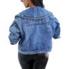imagechoutyatou Womens Cute Big Lapel Collar Trendy Pearl Studded Short Denim JacketDark Blue