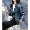 imagechouyatou Womens Casual Denim Blazer Notched Collar Jean Jacket Button Down Cropped Short Trench CoatDark Blue