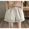 imagechouyatou Womens Casual Elastic Waist Wide Leg Shorts Hollow Out Eyelet Loose Comfy Cotton Linen Beach ShortsApricot