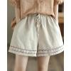 imagechouyatou Womens Casual Elastic Waist Wide Leg Shorts Hollow Out Eyelet Loose Comfy Cotton Linen Beach ShortsApricot