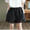 imagechouyatou Womens Casual Elastic Waist Wide Leg Shorts Hollow Out Eyelet Loose Comfy Cotton Linen Beach ShortsBlack