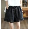 imagechouyatou Womens Casual Elastic Waist Wide Leg Shorts Hollow Out Eyelet Loose Comfy Cotton Linen Beach ShortsBlack