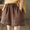 imagechouyatou Womens Casual Elastic Waist Wide Leg Shorts Hollow Out Eyelet Loose Comfy Cotton Linen Beach ShortsCoffee Brown
