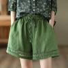 imagechouyatou Womens Casual Elastic Waist Wide Leg Shorts Hollow Out Eyelet Loose Comfy Cotton Linen Beach ShortsGreen