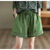 imagechouyatou Womens Casual Elastic Waist Wide Leg Shorts Hollow Out Eyelet Loose Comfy Cotton Linen Beach ShortsGreen