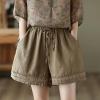 imagechouyatou Womens Casual Elastic Waist Wide Leg Shorts Hollow Out Eyelet Loose Comfy Cotton Linen Beach ShortsKhaki