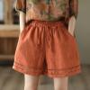 imagechouyatou Womens Casual Elastic Waist Wide Leg Shorts Hollow Out Eyelet Loose Comfy Cotton Linen Beach ShortsOrange