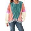imagechouyatou Womens Oversized Color Block Splicing Y2K Bomber Jacket 2024 Fall Clothes Casual Loose Coat OutwearGreen Pink
