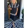 imagechouyatou Womens Summer Embroidered Floral Dress Casual Notch Neck Cotton Midi Long Mexican Tunic DressBlack