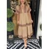 imagechouyatou Womens Summer Embroidered Floral Dress Casual Notch Neck Cotton Midi Long Mexican Tunic DressKhaki