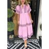 imagechouyatou Womens Summer Embroidered Floral Dress Casual Notch Neck Cotton Midi Long Mexican Tunic DressPink