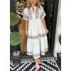 imagechouyatou Womens Summer Embroidered Floral Dress Casual Notch Neck Cotton Midi Long Mexican Tunic DressWhite