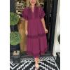 imagechouyatou Womens Summer Embroidered Floral Dress Casual Notch Neck Cotton Midi Long Mexican Tunic DressWine Red