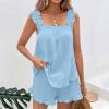 imagechouyatou Womens Summer Pajamas Set 2 Piece Ruffle Cami Top and Shorts Sleepwear Set Cotton Pj Lounge SetLight Blue